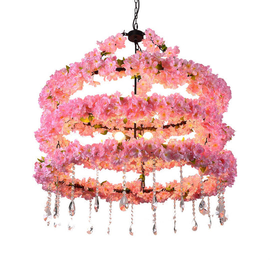 Cherry Wreath Chandelier - 6-Bulb Loft Style Pink Metallic Ceiling Light With Crystal Deco