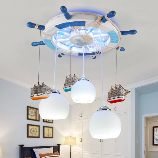 Cartoon 3 Bulb Cream Glass Dome Ceiling Light Flush Mount With Rudder Canopy (White)