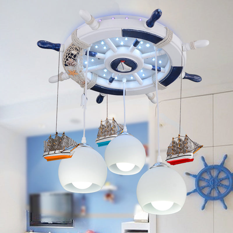 Cartoon 3 Bulb Cream Glass Dome Ceiling Light Flush Mount With Rudder Canopy (White)