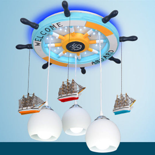 Cartoon 3 Bulb Cream Glass Dome Ceiling Light Flush Mount With Rudder Canopy (White)