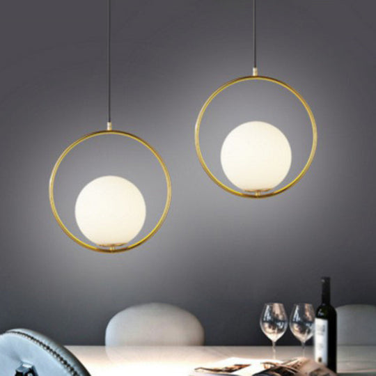 White Glass Hanging Lamp With Brass Metal Ring - Post-Modern Pendant Light