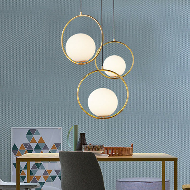 White Glass Hanging Lamp With Brass Metal Ring - Post-Modern Pendant Light