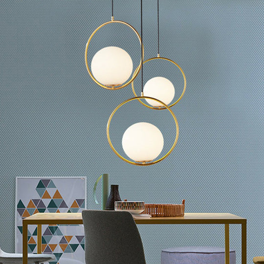 White Glass Hanging Lamp With Brass Metal Ring - Post-Modern Pendant Light