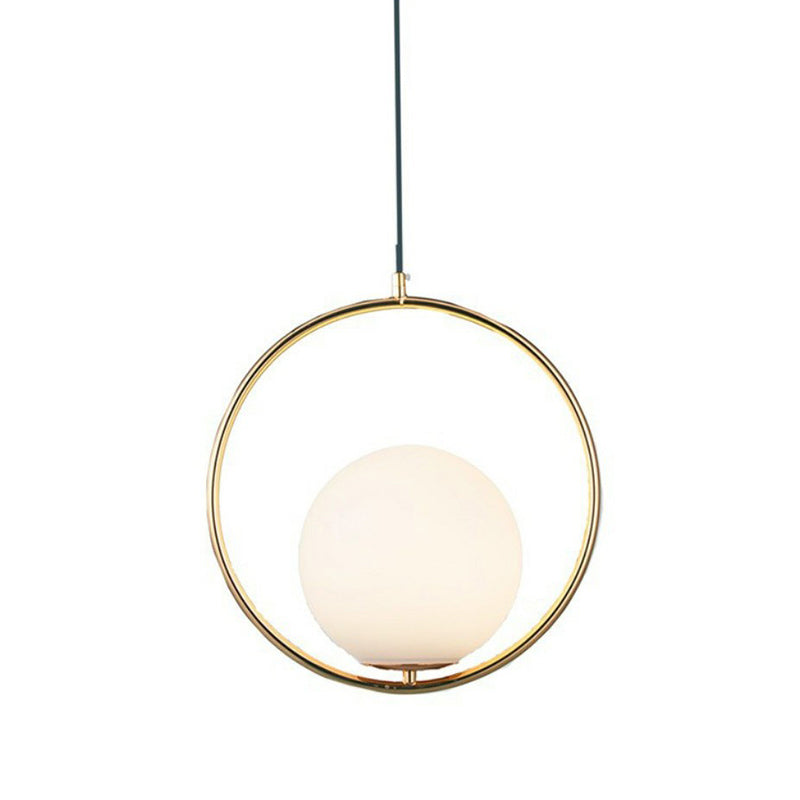 White Glass Hanging Lamp With Brass Metal Ring - Post-Modern Pendant Light