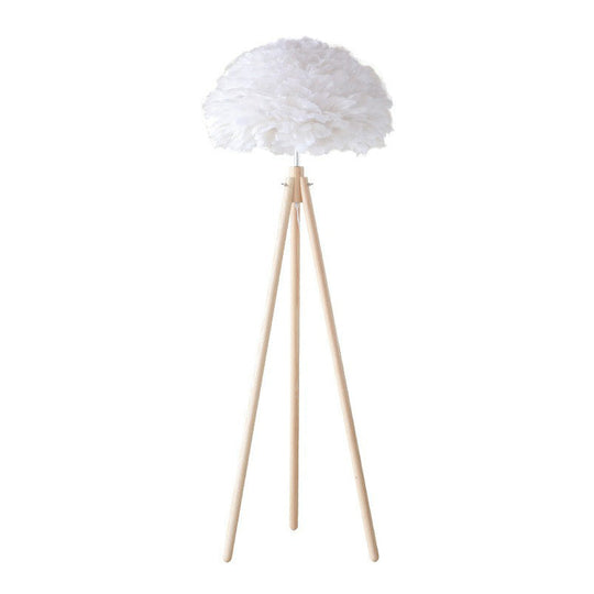 Minimalist White Dome Floor Lamp With Feather Detail And Wood Tripod Base