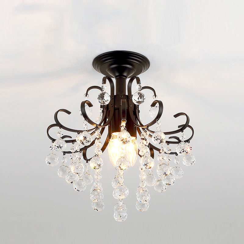 Vintage Swirl Metal Semi-Flush Ceiling Lighting With Crystal Orbs (3 Bulbs) Black
