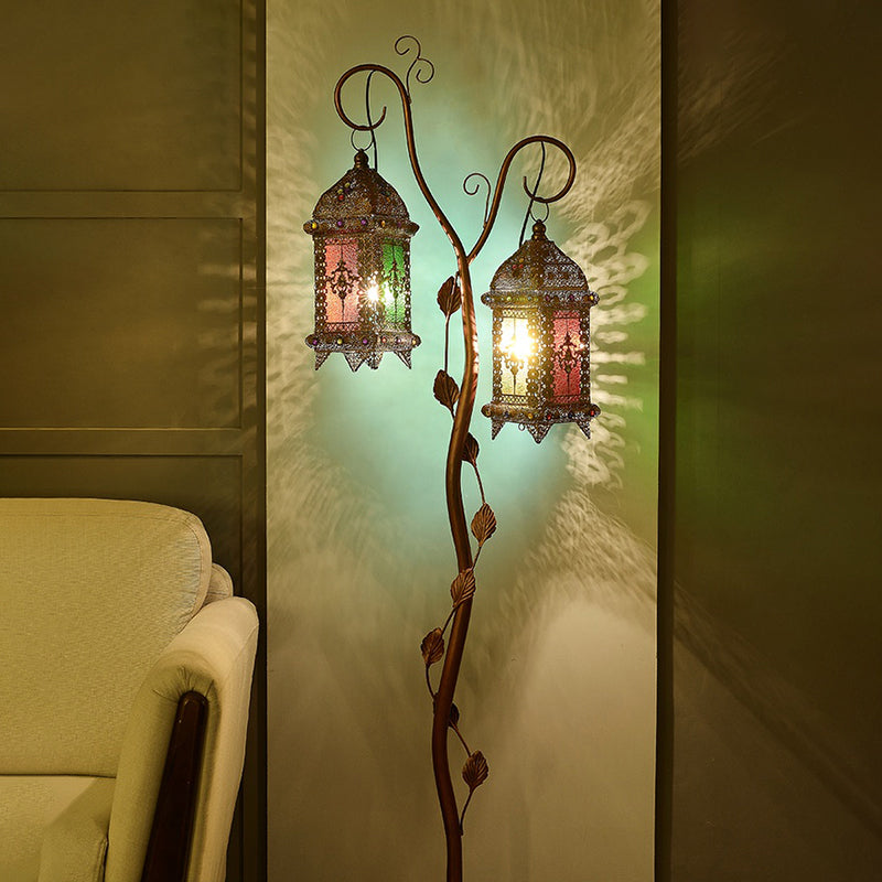 Rustic Lantern Floor Lamp With Ivy Decor - Metal Stand 2 Bulbs Brown Ideal For Living Rooms