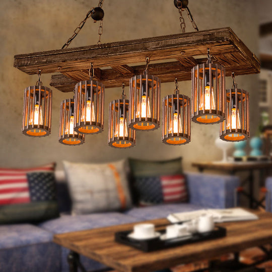 Cage Style Industrial Chandelier: Wooden Brown And Black Suspension Light For Living Room