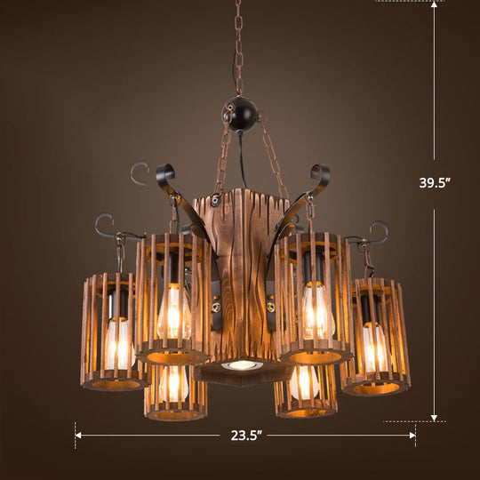 Cage Style Industrial Chandelier: Wooden Brown And Black Suspension Light For Living Room 6 / Wood