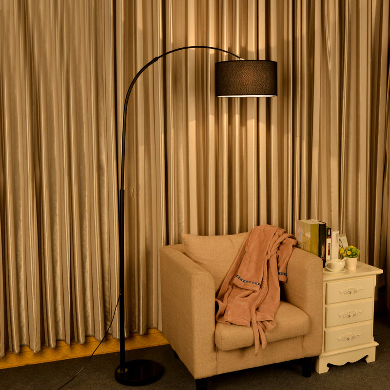 Sleek Metallic Standing Floor Lamp With Drum Fabric Shade Perfect For Fishing Enthusiasts