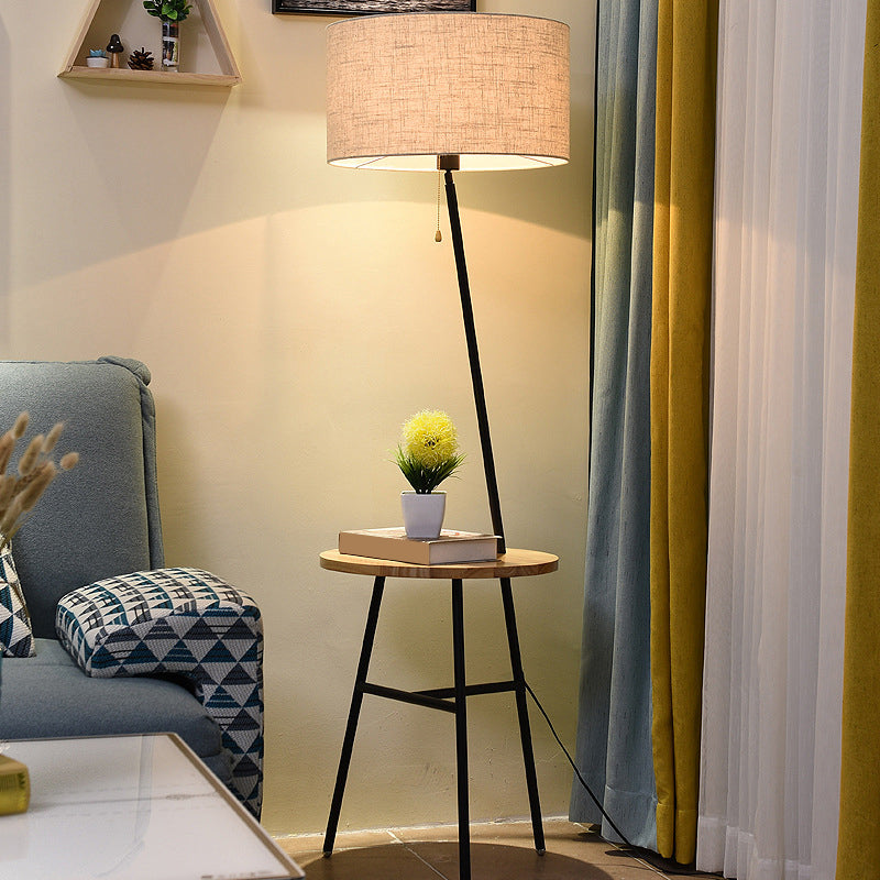 Minimalist Drum Floor Lamp In Black With Wooden Tray And Pull Chain Ideal For Living Room