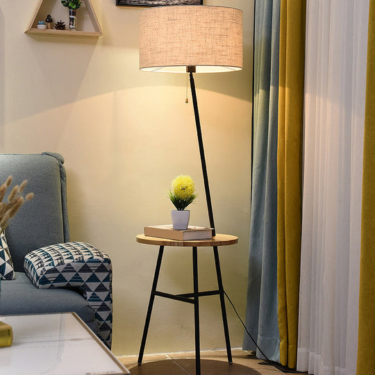 Minimalist Drum Floor Lamp In Black With Wooden Tray And Pull Chain Ideal For Living Room