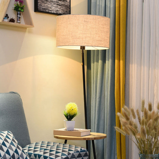 Minimalist Drum Floor Lamp In Black With Wooden Tray And Pull Chain Ideal For Living Room