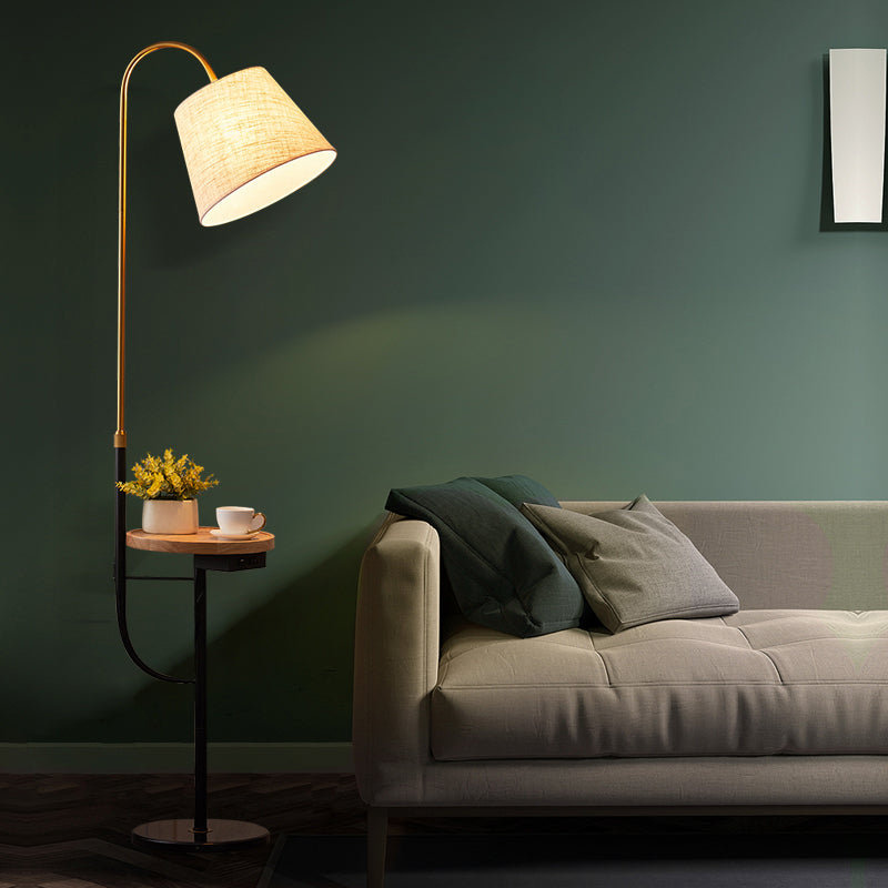 Contemporary Fabric Tapered Drum Floor Light With Tray - Bedside Lighting 1 Bulb