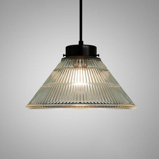 Clear Ribbed Glass Pendant Ceiling Light - Retro Style Tapered Design Ideal For Restaurants 1 Head