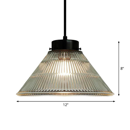 Clear Ribbed Glass Pendant Ceiling Light - Retro Style Tapered Design Ideal For Restaurants 1 Head