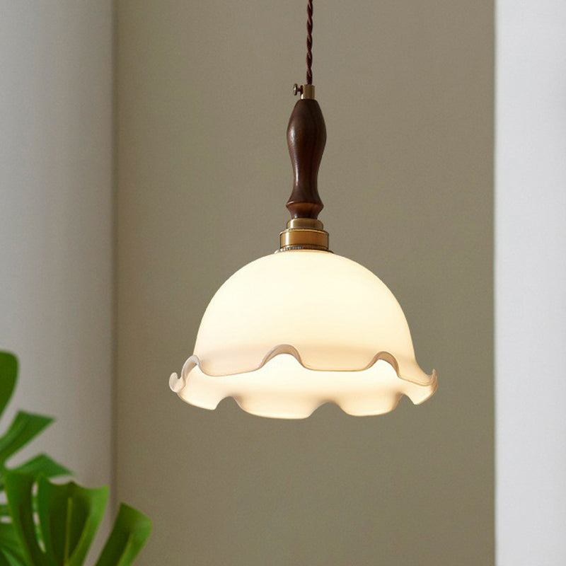 Cream Glass Retro Suspension Light With Ruffle Edge - Perfect For Dining Room