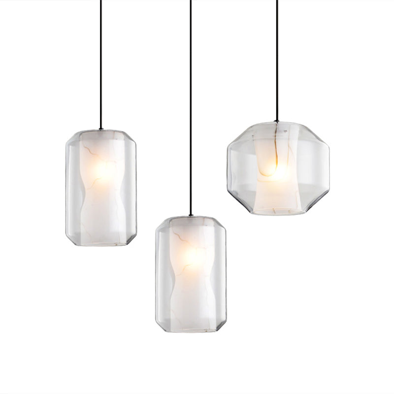Clear Glass Cylinder Pendant Light With White Marble Shade - 1-Light Dining Room Ceiling Lighting