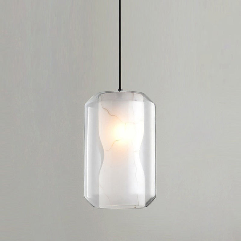 Clear Glass Cylinder Pendant Light With White Marble Shade - 1-Light Dining Room Ceiling Lighting