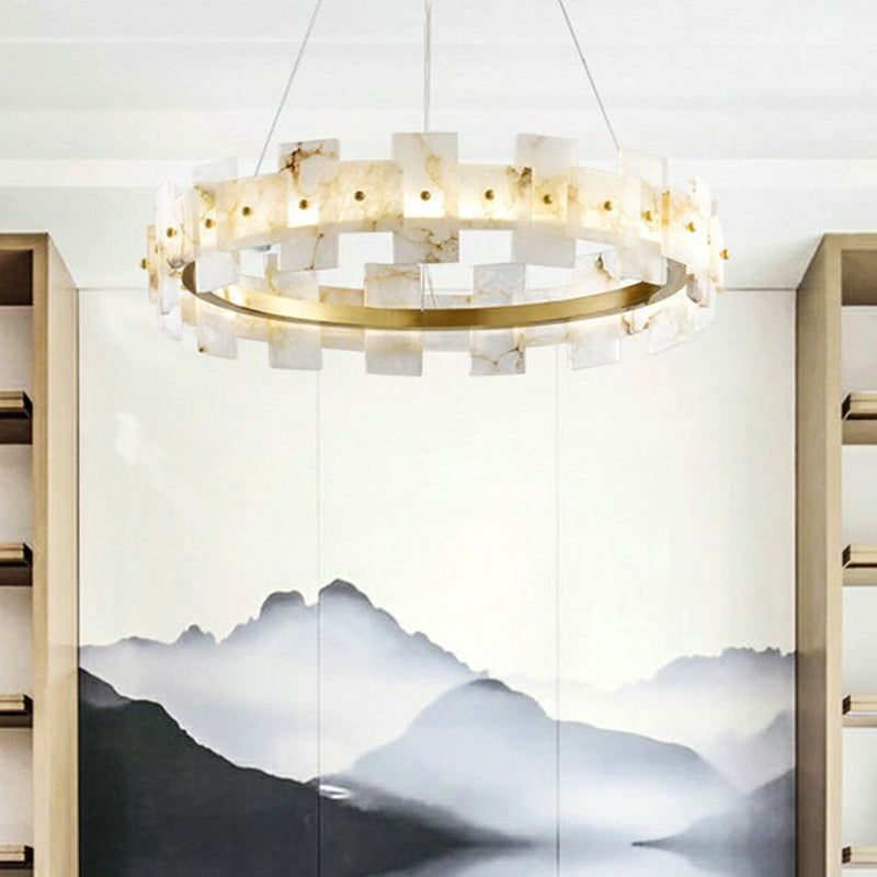 Minimalist Marble Circle Hanging Lamp: White And Brass Led Pendant Light For Dining Room