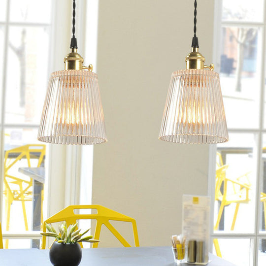 Clear Ribbed Glass Hanging Pendant Light For Restaurants - Tapered Simplicity Design With 1 Bulb