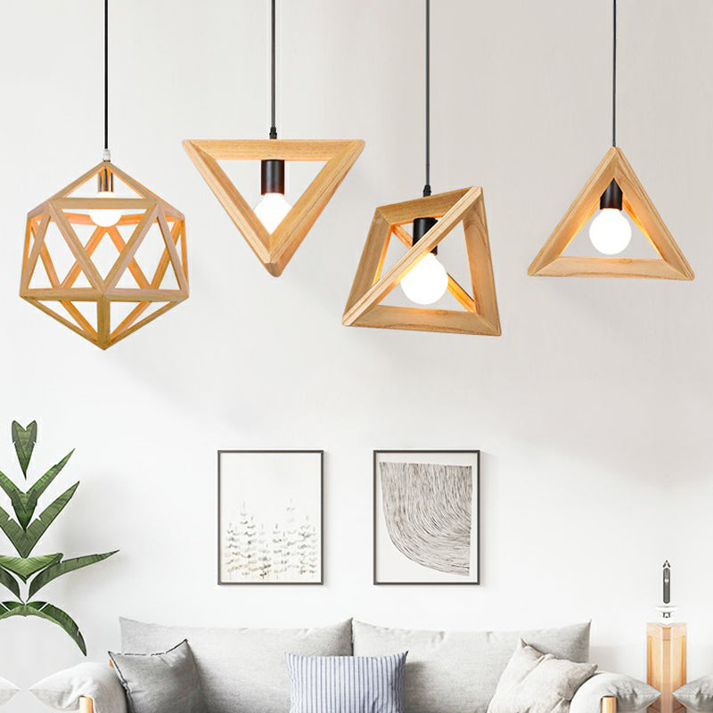 Geometric Wooden Cage Pendant Lamp - Minimalist Single Ceiling Light For Restaurants