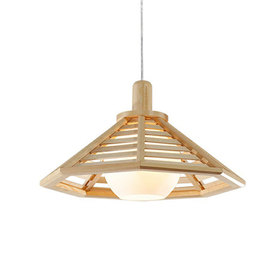 Nordic Wooden Conical Cage Hanging Ceiling Lamp With White Glass Shade - Restaurant Lighting Fixture