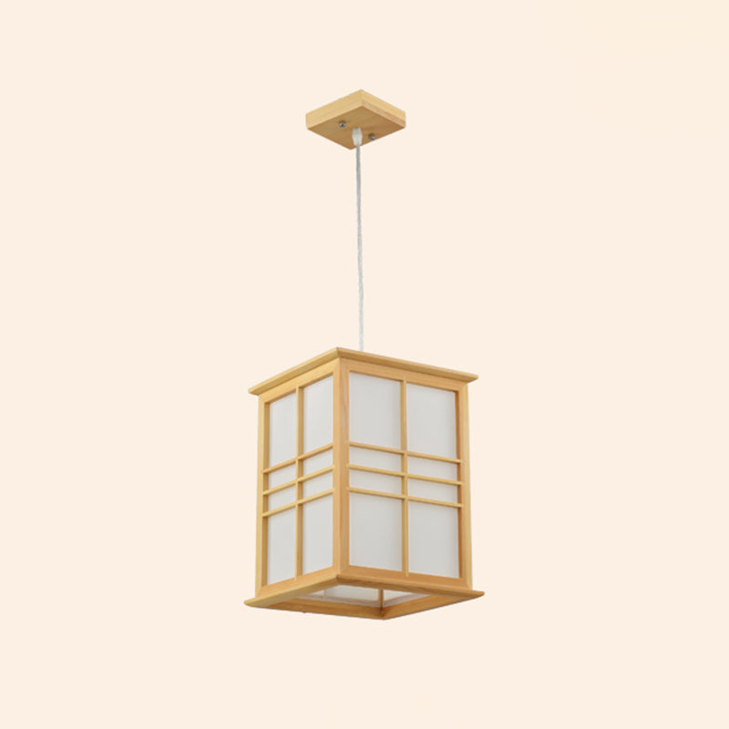 Japanese Style Wooden Pendant Light With 1-Light: Rectangle Sushi House Lamp In Beige