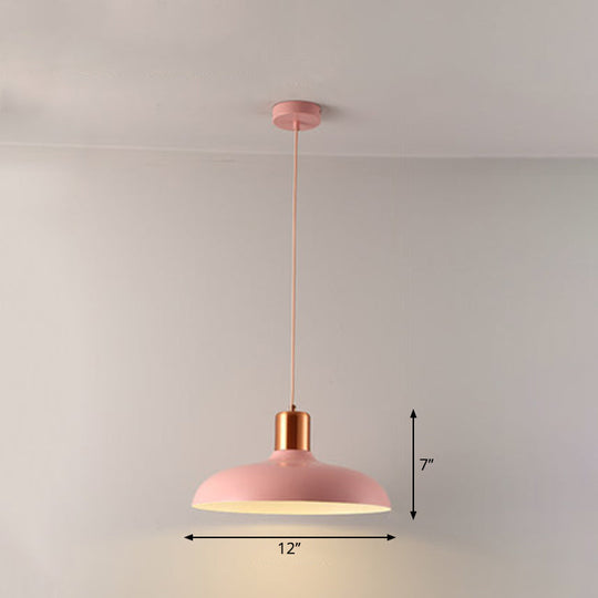 Bowl-Shaped Restaurant Pendant Light - Metal Construction Macaron Suspension Design With 1 Bulb Pink