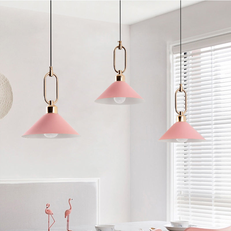 Macaron Single-Bulb Pendant Light With Conical Metal Shade And Oval Ring For Ceiling