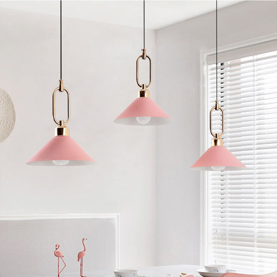 Macaron Single-Bulb Pendant Light With Conical Metal Shade And Oval Ring For Ceiling