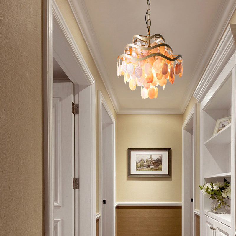 Traditional Brass 3-Tier Flower Ring Chandelier With Seashell Design Pink Shade