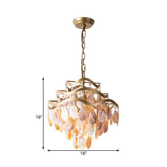 Traditional Brass 3-Tier Flower Ring Chandelier With Seashell Design Pink Shade