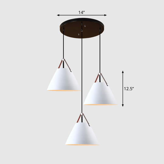 Nordic 3-Light Pendant Cluster With Conical Metal Shade & Leather Strap