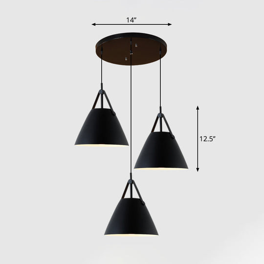 Nordic 3-Light Pendant Cluster With Conical Metal Shade & Leather Strap Black / Round