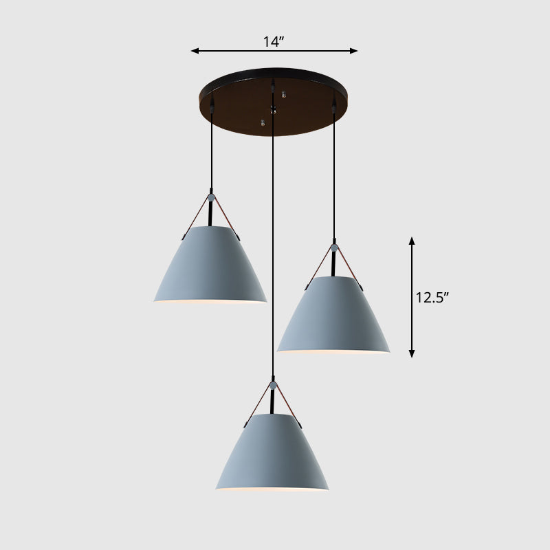 Nordic 3-Light Pendant Cluster With Conical Metal Shade & Leather Strap