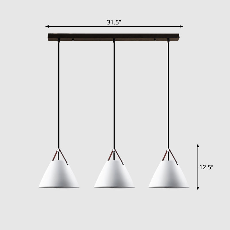 Nordic 3-Light Pendant Cluster With Conical Metal Shade & Leather Strap