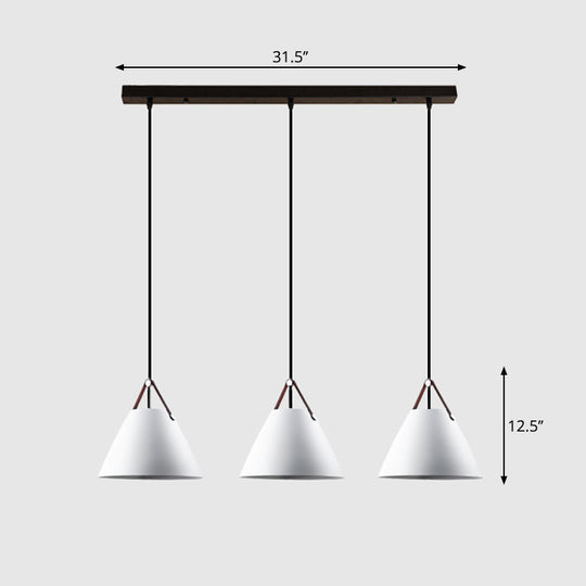 Nordic 3-Light Pendant Cluster With Conical Metal Shade & Leather Strap