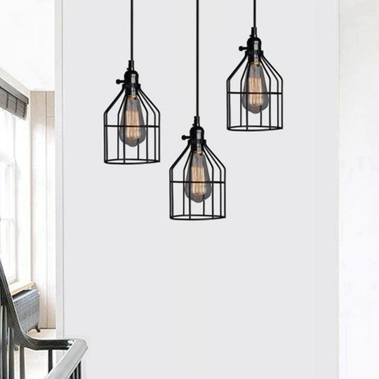 Farmhouse 1-Light Black Iron Cage Pendant Dining Room Lamp / C