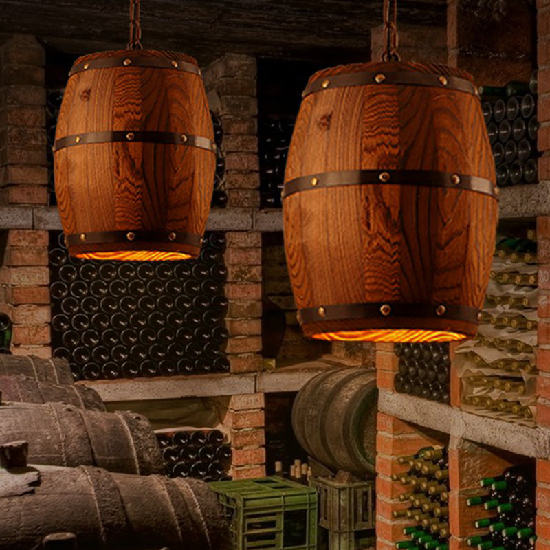 Rustic Wooden Wine Barrel Pendant Light - 1-Light Brown Suspension Lighting For Bistro