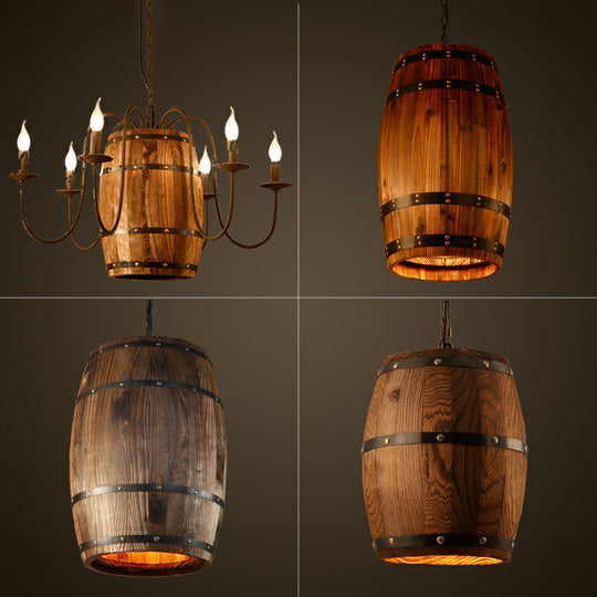 Rustic Wooden Wine Barrel Pendant Light - 1-Light Brown Suspension Lighting For Bistro