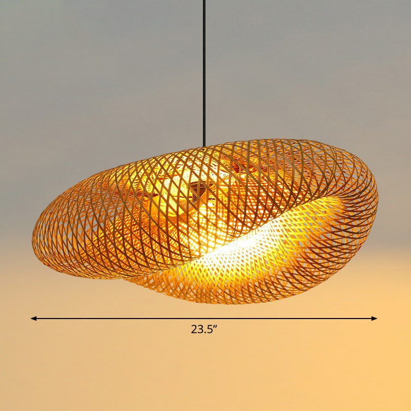 Modern Bamboo Hand-Worked Hanging Ceiling Light - Beige Pendant Lamp With 1 Bulb / 23.5