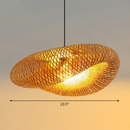 Modern Bamboo Hand-Worked Hanging Ceiling Light - Beige Pendant Lamp With 1 Bulb / 23.5