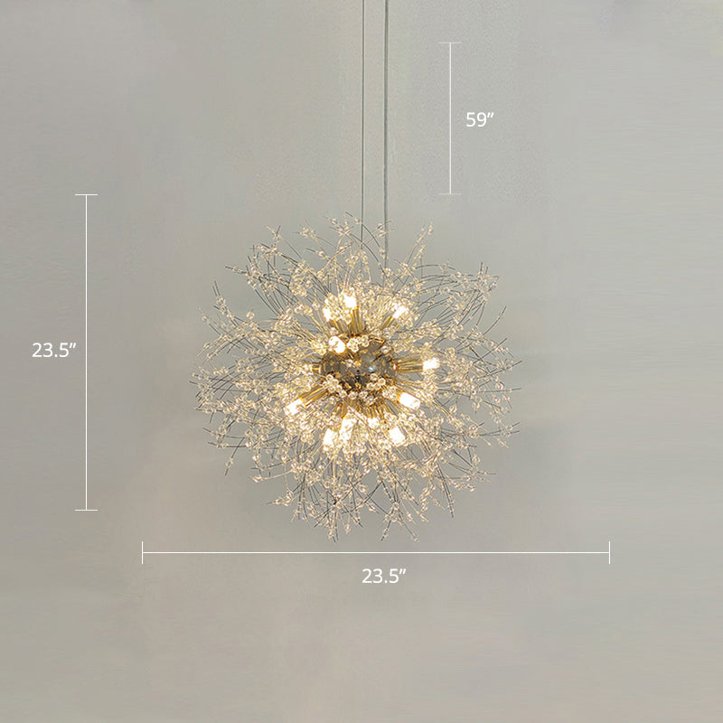 Stylish Dandelion Chandelier With Clear Crystal Beads - Modern Led Ceiling Light For Bedroom Brass