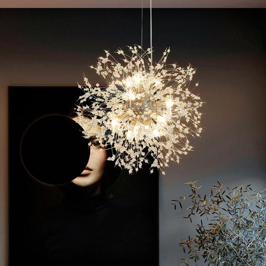 Stylish Dandelion Chandelier With Clear Crystal Beads - Modern Led Ceiling Light For Bedroom Brass