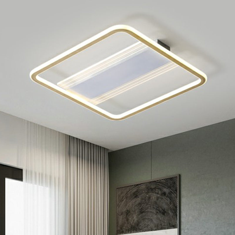 Minimalist Gold And White Flush Light For Bedroom With Square Acrylic Shade