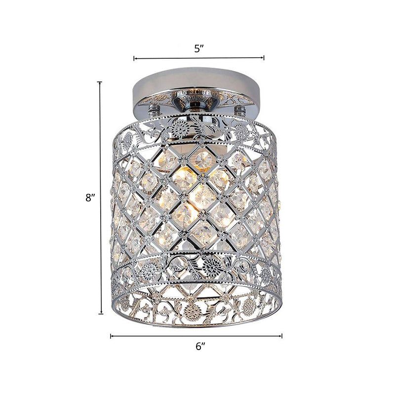 1 - Light Crystal Embedded Flush Mount Lamp With Chrome Finish For Aisle - Cylindrical Design