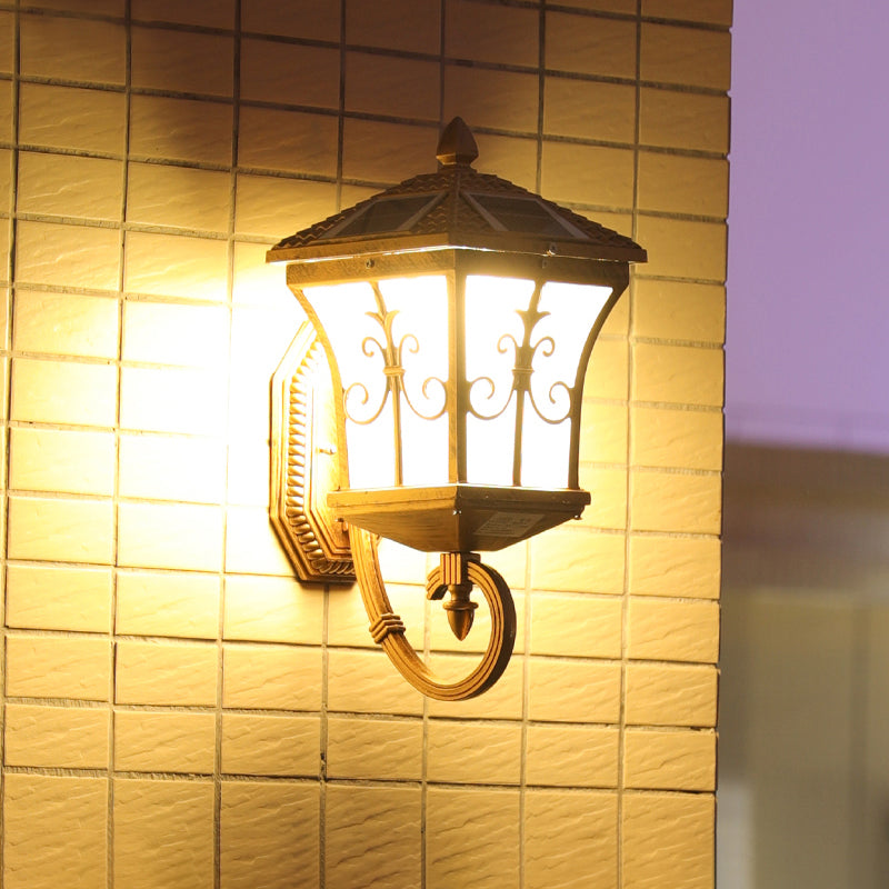 Frosted Glass Brass Wall Sconce - Tapered Traditional Light With Scrolls