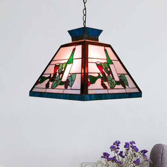 Tiffany-Style Art Glass Pendant Light: Single Head Trapezoid Fixture In Green And White