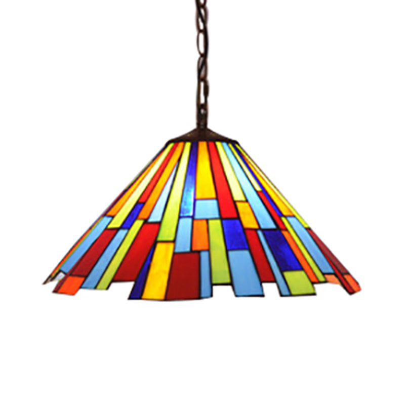 Tiffany Stained Glass Conical Hanging Lamp - Black Ceiling Pendant For Dining Room (12’/16’ Width)